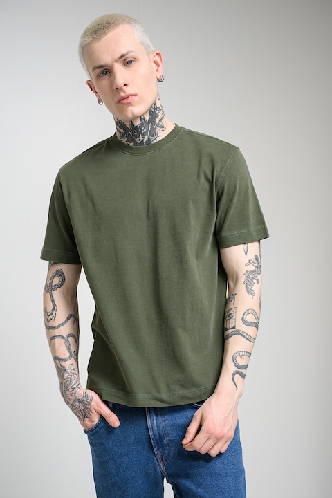 United Colors of Benetton, Tricou din bumbac cu decolteu la baza gatului, Sage Green