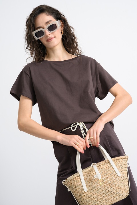 United Colors of Benetton, Tricou din bumbac cu decolteu barcuta, Maro inchis