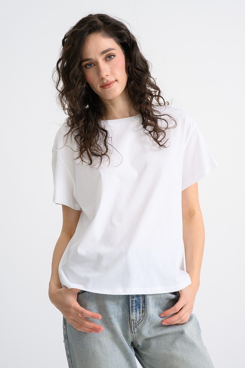 United Colors of Benetton, Tricou din bumbac cu decolteu barcuta, Alb rece