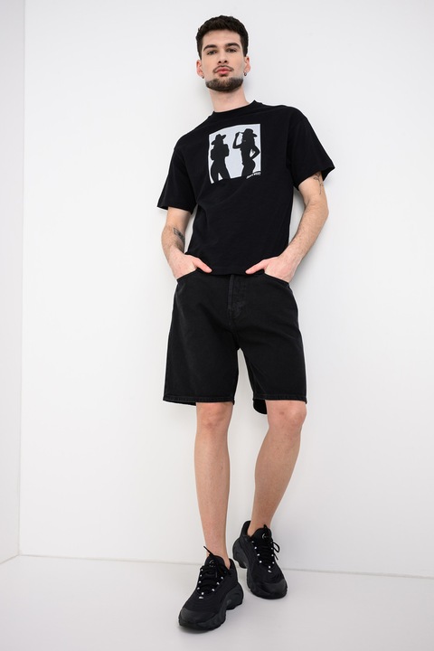 United Colors of Benetton, Tricou din bumbac cu imprimeu, Negru/Gri