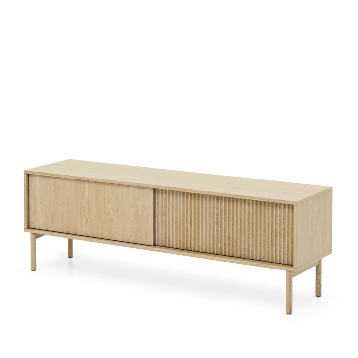 Dulap TV TAU, Komodee, fronturi canelate, picioare din lemn, MDF, 52 x 154 x 40 cm, Stejar Cremona