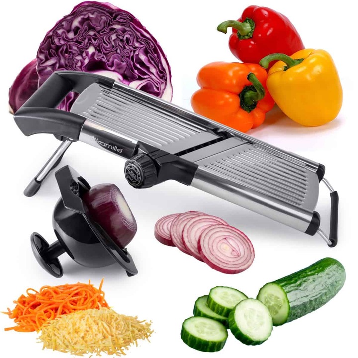 Feliator multifunctional pentru Legume, Razatoare multifunctionala, cu 5 lame din inox si suport de protectie - Kamille KM-3012
