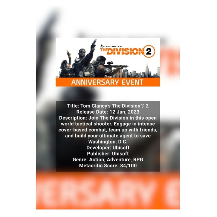 Poster Infografic The Division 2, Tactical RPG Shooter, carton 250g, A4