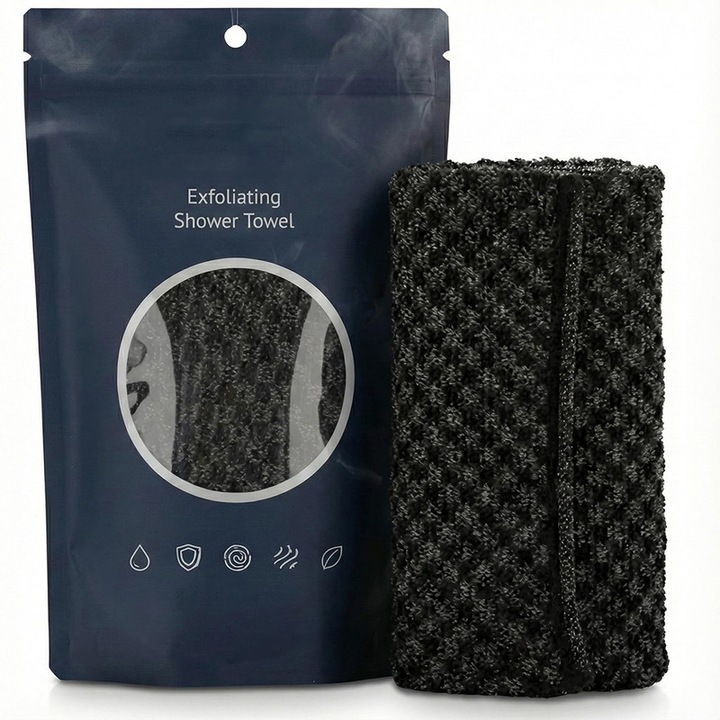 Prosop exfoliant pentru baie, 2 fete premium, pentru corp si fata, exfoliere profunda, ideal pentru barbati si femei, laveta scrub durabila, negru