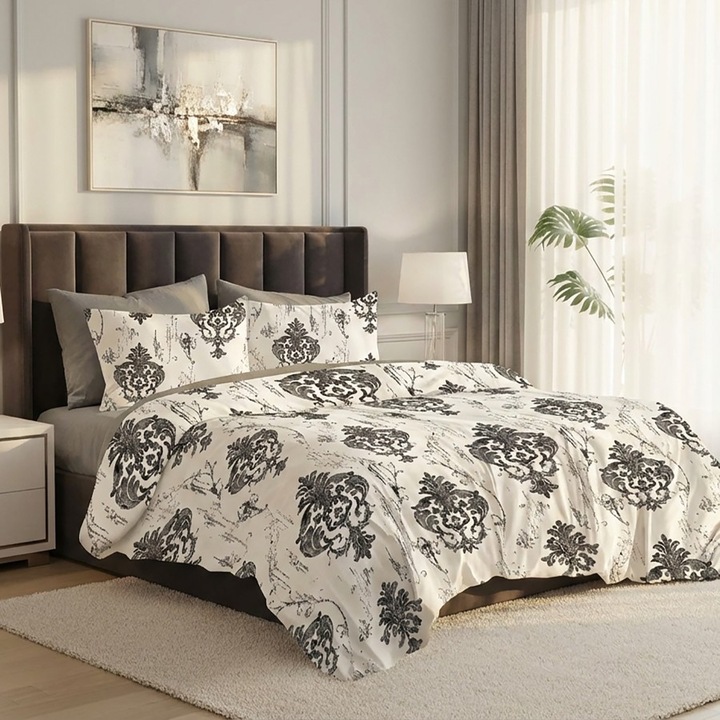 Спално бельо за двойно легло, 6 части, плосък чаршаф 230x250 см, Специално спално бельо, Барок Сиво