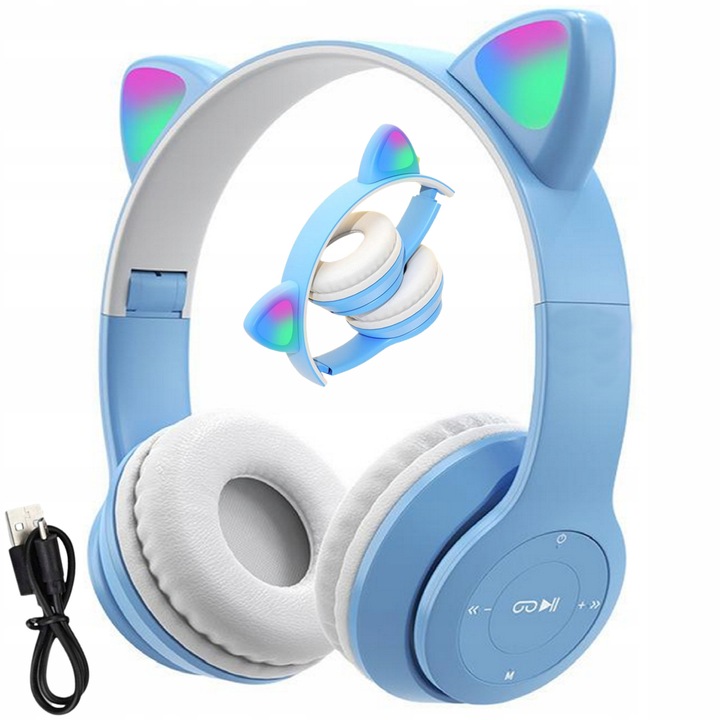 Bluetooth 5.0 fejhallgató LED-del, 4NEO, füles modell, FM rádió, microSD, türkiz, gyerekeknek