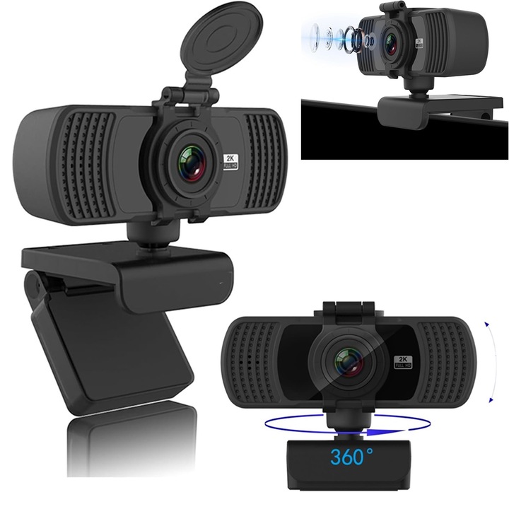 Full HD 2K webkamera beépített kettős mikrofonnal, nagylátószögű objektívvel, adatvédelmi fedéllel, 2560 x 1440 felbontással, 30 fps, autofókusszal, plug-and-play, asztali számítógépekhez vagy laptopokhoz alkalmas, Fekete