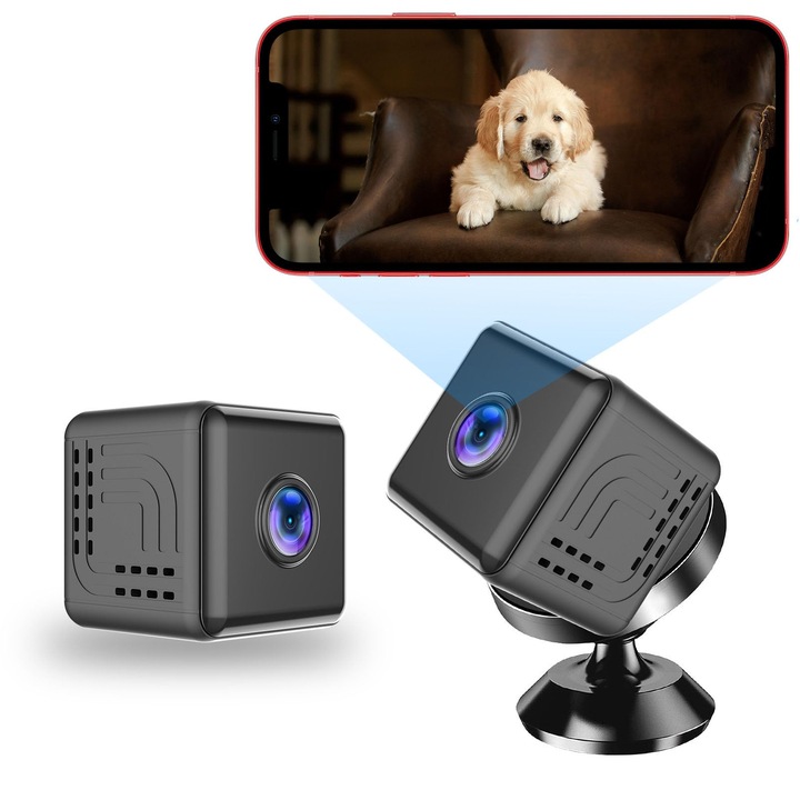 Mini rejtett kamera 1080P WIFI, mozgásérzékelés, éjjellátó, távoli megfigyelés, kompakt kialakítás, háziállatoknak, gyerekeknek, OUYLAF, fekete