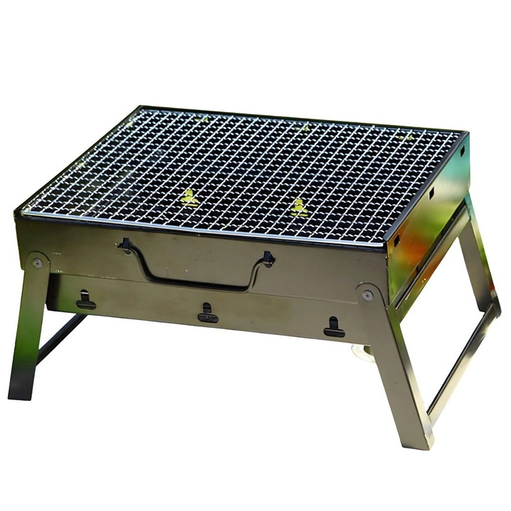 Градинска преносима скара, Студено валцована стомана, 0.5 mm, Хромирана скара, Нагряване на въглища и брикети, 20 х 27 х 35 сантиметра, Черен