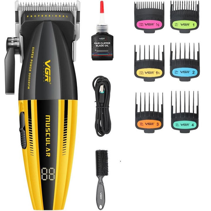 Mașină de tuns profesională VGR V-285, 2000 mAh, Până la 150 de minute, cablu USB, 8 milimetri, Galben