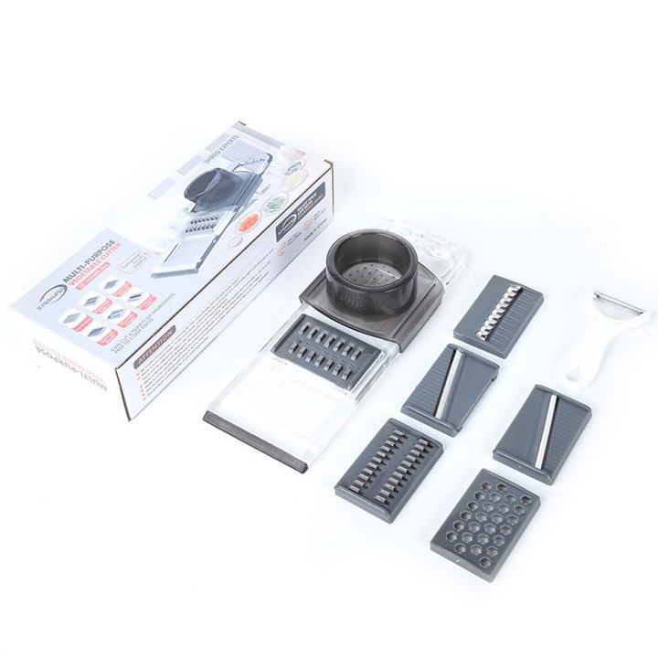 Многофункционално кухненско ренде – ренде за зеленчуци, 6 приставки, Сирене и плодове, Неръждаема стомана, 33 х 12 сантиметра, Бял