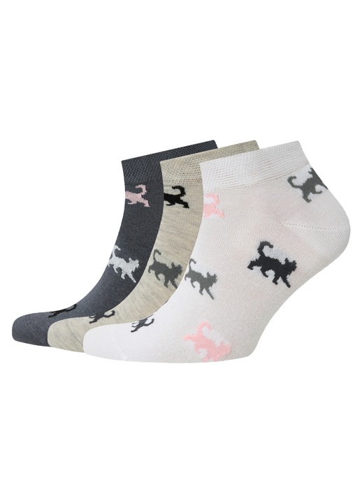 Șosete de damă, pachet de 3 perechi, bumbac, cu elastic, model scurt tip sneaker, cu pisici și câini