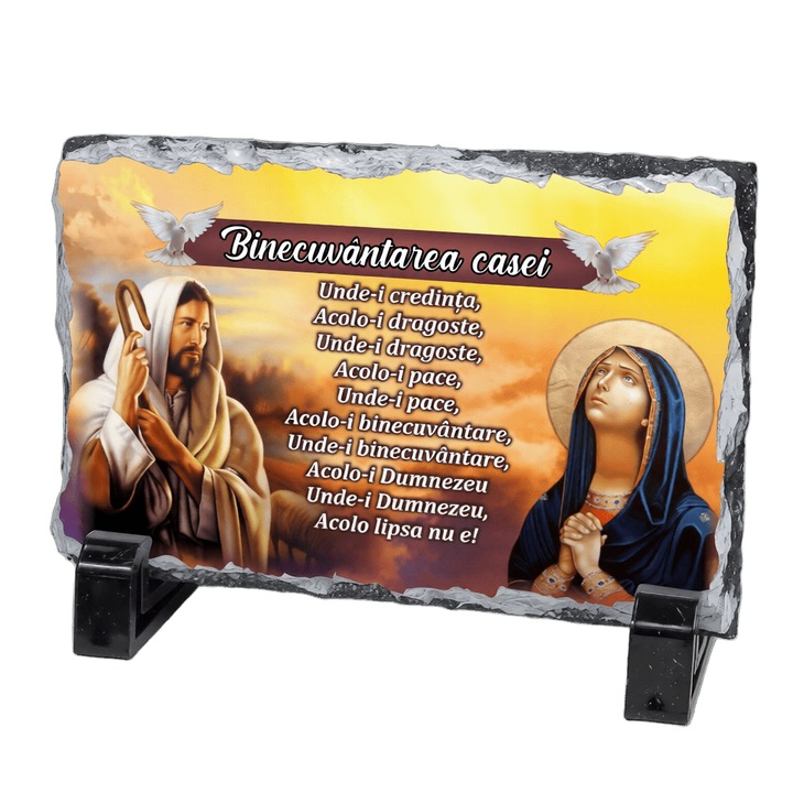 Placa din ardezie naturala „Binecuvantarea Casei”, Suvenir Religios cu Iisus si Maica Domnului, 15x10 cm, Suport inclus