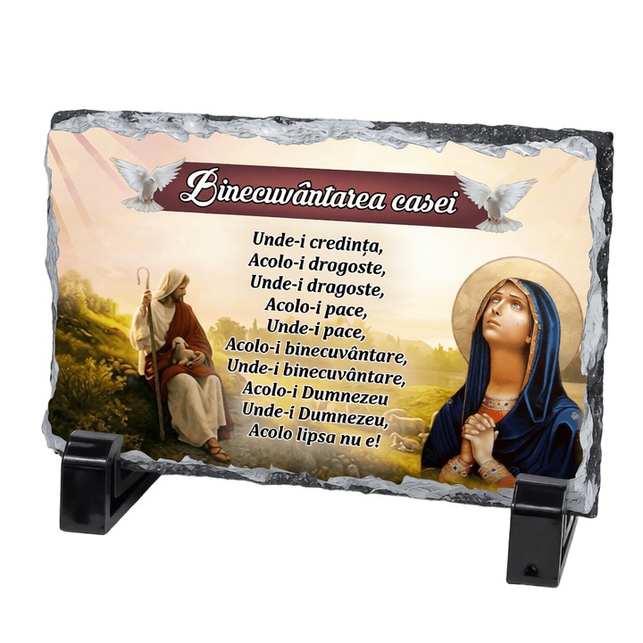 Placa Decorativa Ardezie "Binecuvantarea Casei", Icoana Maica Domnului si Iisus Pastorul cel Bun, Piatra Naturala, 30x20 cm