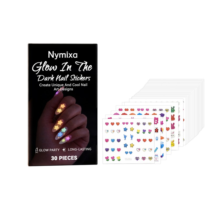 Комплект светещи стикери за нокти, 30 броя, различни модели, за естествени или изкуствени нокти