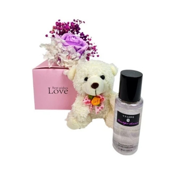 Set cadou cu ursulet de plus crem, trandafir mov de sapun, gypsophila criogenata si Shine Body Mist 90 ml