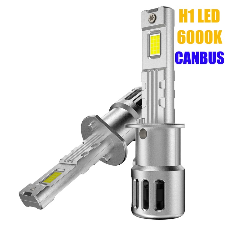 Set de 2 Becuri LED H1, Bec auto 12V, CANBUS Fara Eroare, 6000K Alb rece, 20000LM, Dimensiuni compacte Mini 1:1, Plug & Play, Instalare usoara, Carcasa din aluminiu cu ventilator turbo pentru racire