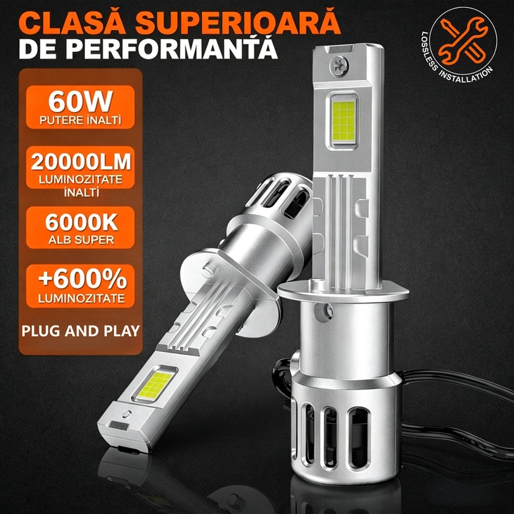 Set de 2 Becuri LED H1, Bec auto 12V, CANBUS Fara Eroare, Lumina Alb Rece 6000K, 20000LM, Dimensiuni Compacte Mini 1:1, Plug & Play, Carcasa din Aluminiu si Ventilator Silentios Pentru Racire