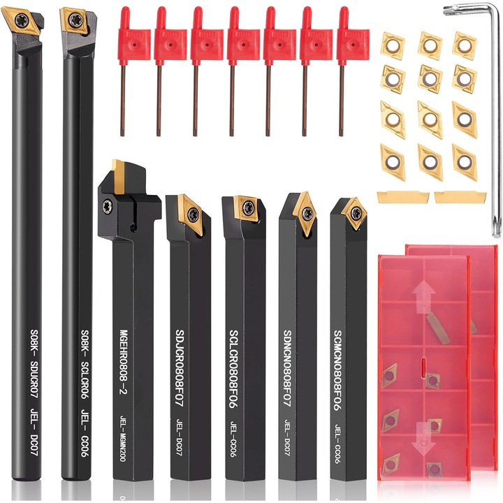 Set scule de strunjire Donken 28, 7 suporturi scule rotative 8 mm cu 14 placute carbura si 7 chei, suport tija burghiu, precizie ridicata