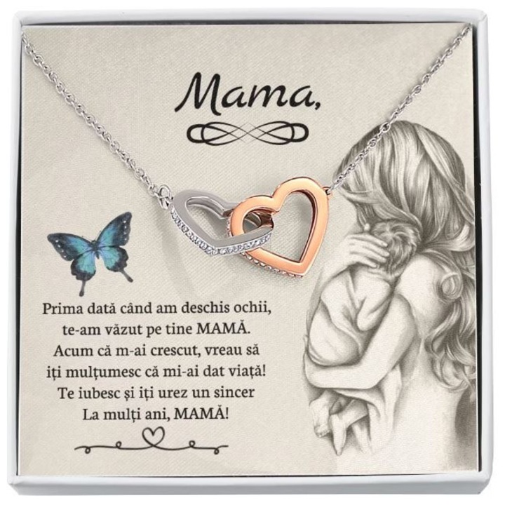 Set Cadou Pentru Mama, JOYSTOS, Colier din Argint 925 cu Pandant Inimi Legate, Placat Cu Aur Alb si Rose 18K, Si Ambalare Hartie Matase Cu Inimioara Lemn, Card Cu Mesaj Pentru Mama Ta, de ziua Mamei, 8 Martie