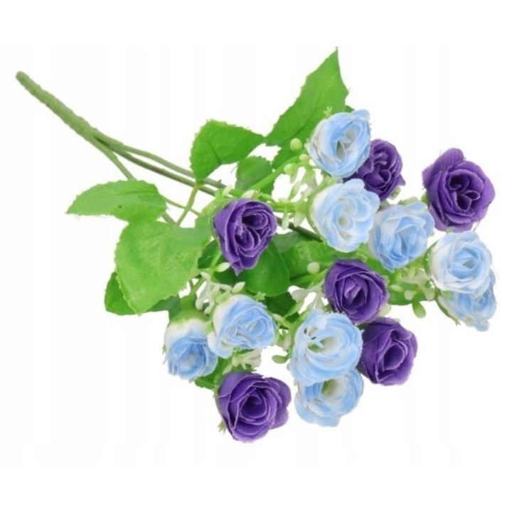 Buchet flori artificiale, 15 flori, violet cu albastru, 28cm
