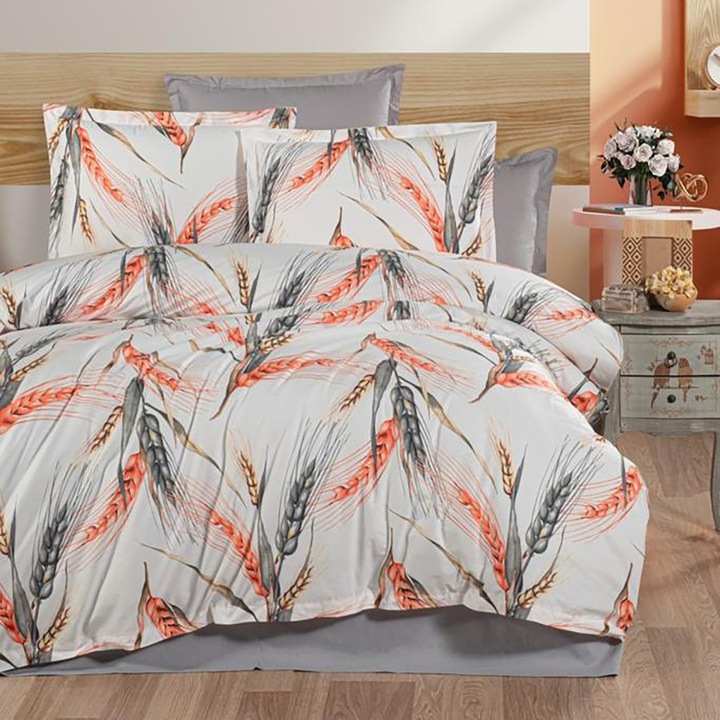 Ágynemű garnitúra dupla ágyra, búzakalász mintával, 100% pamut ranforce, 4 részes, 240 x 260 cm, Különleges Ágyneműk, RNF47