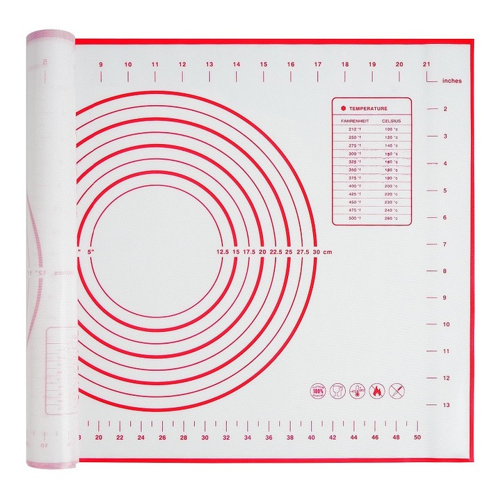 Matura de copt din silicon, 40 cm x 60 cm - Mat de patiserie anti-alunecare pentru intins aluat, crusta de placinta si fondant, folie pentru cuptor cu masuratori