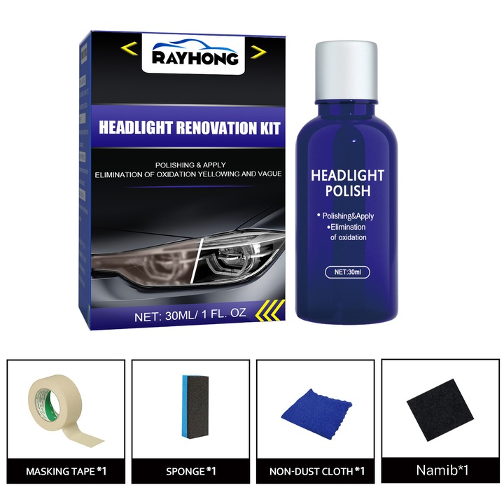 Kit de ingrijire pentru faruri auto RAYHONG, curatare suprafete, imbunatatire stralucire, 30ml