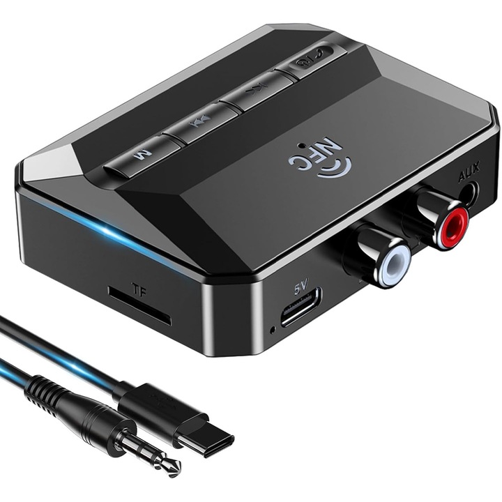 OUYLAF 3 az 1-ben Bluetooth audio vevő adapter, Bluetooth 5.3, NFC funkció, AUX/RCA, 3,5 mm-es jack fejhallgatóhoz, autóhoz, audiorendszerhez, házimozihoz, fekete