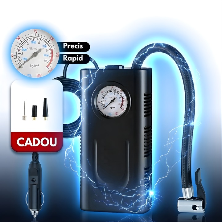 PRIMEDEO®️ Hordozható Autó Kompresszor Tartozékokkal, DC 12V, 120W, 25L/perc, Autós Csatlakozó Tápkábel, Pontos Kijelző, Autó Kompresszorok, Kerékfújó Pumpa Autókhoz, Kerékpárokhoz, Labdákhoz