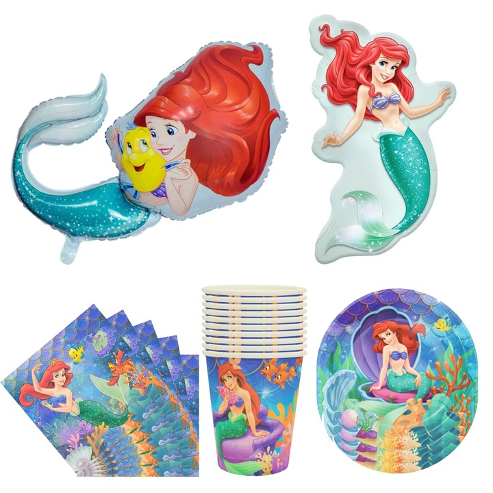Set de decoratiuni de ziua de nastere, Show, tematica sirena, baloane folie, 10 farfurii, 10 pahare, 20 servetele