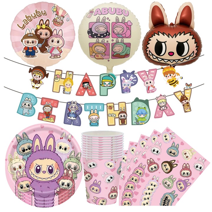 Set petrecere Labubu pentru copii, baloane, farfurii, servetele, roz, 3 baloane