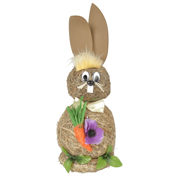 Iepuras Decorativ de Paste din Paie, Gri-Natur cu Morcov, 48 cm, Figurina Rusticǎ pentru Decor Interior