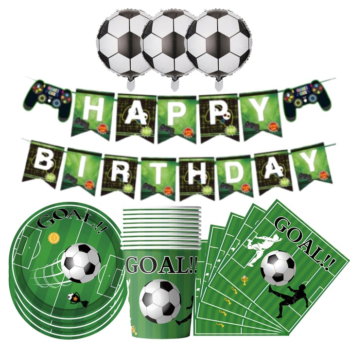Set decoratiuni ziua de nastere Fotbal, Show, banner „LA MULTI ANI”, 3 baloane, farfurii verzi, pahare, servetele