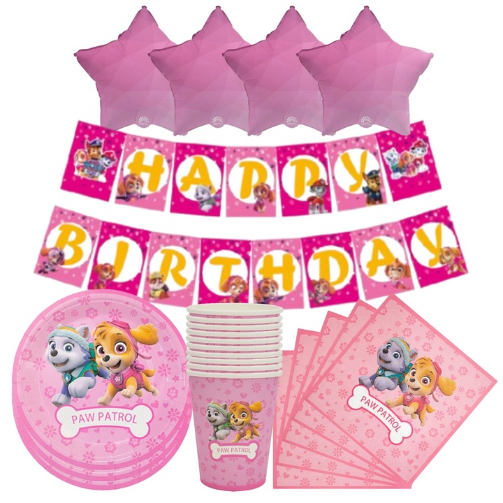 Set de petrecere Patrula Catelusilor Roz, 4 baloane, banner "Happy Birthday", 10 farfurii, 10 pahare, 20 servetele
