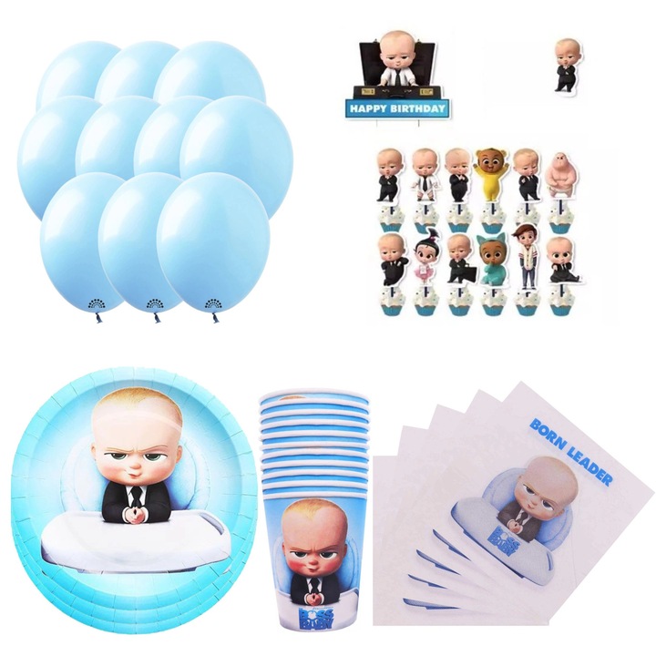 Set de decoratiuni de ziua de nastere Boss Baby, baloane, farfurii, pahare, servetele, albastru deschis