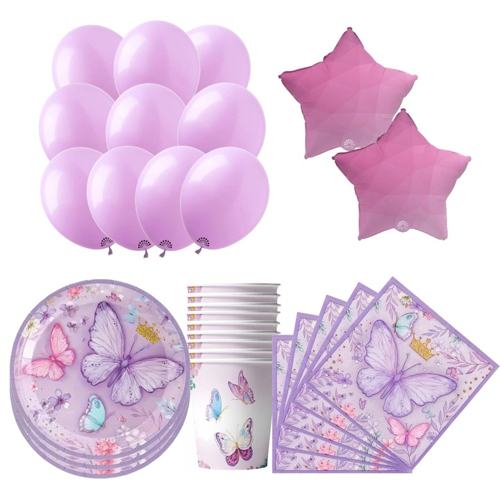 Set decoratiuni ziua de nastere Show, fluturi si flori, multicolor, 10 baloane, 10 pahare, 10 farfurii, 20 servetele