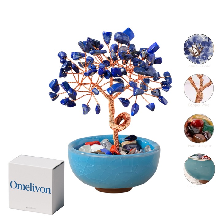 Arborele Vietii, Fragment natural de cristal albastru pe baza de cuart albastru, 6 ramuri si 9 margele, Bonsai vindecator Feng Shui, Decor interior pentru vindecare si noroc Omelivon®