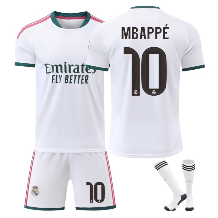 Echipament sportiv copii Real Madrid Mbappe Fotbal Tricou Set, YSHT, 150-160 cm, Alb