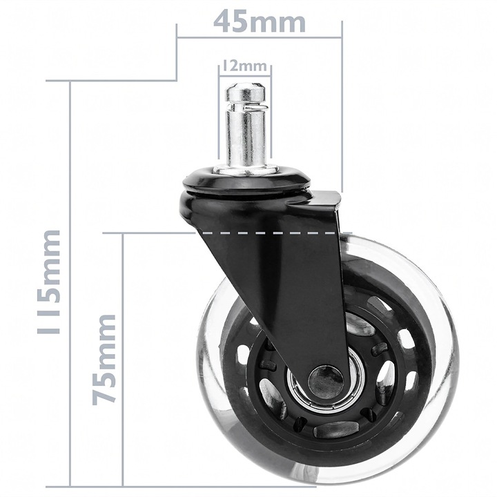 Roata Cauciucata pentru Scaun de Birou, Inlocuitoare, Pivotante 360°, Montare tip Push-in, cu Rulment, Diametru 75 mm, 12 mm, Negru