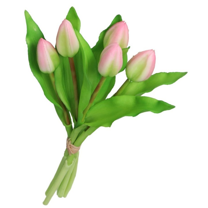 Buchet de flori artificiale, 5 fire, 28cm, roz