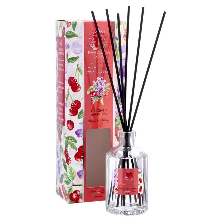 Parfum pentru cameră Decorer, difuzor cu betisoare, glicina și cireșe negre, 700 ml, transparent