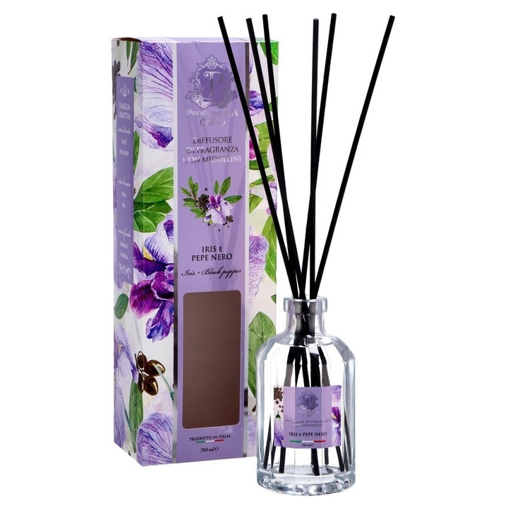 Difuzor parfum cameră Decorer, aromă floare Iris și piper negru, 700 ml, transparent, betisoare negre