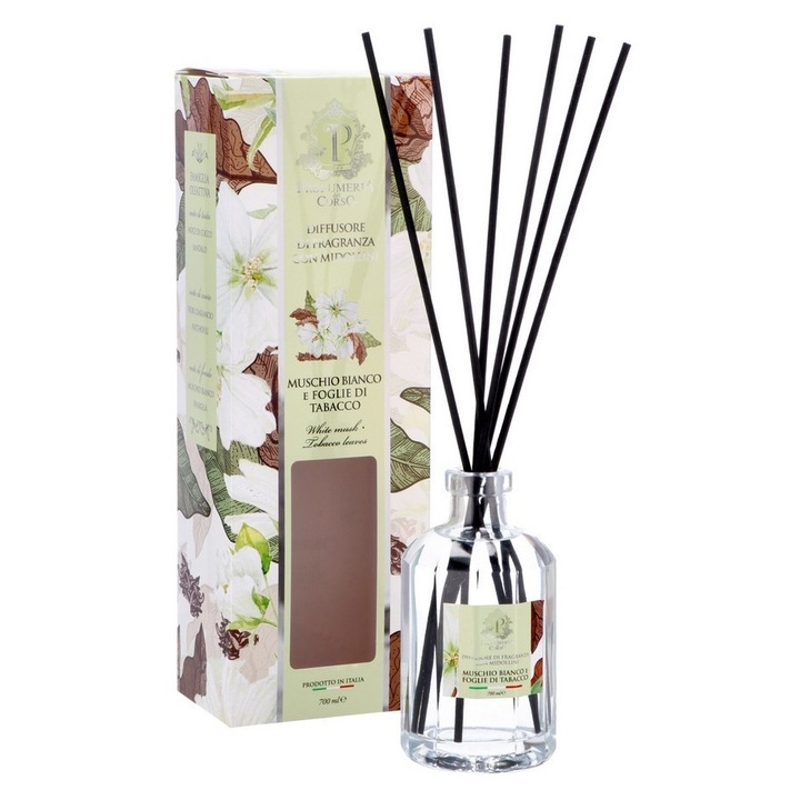 Parfum camere, Decorer, difuzor cu betisoare, mosc alb, frunze de tutun, 700 ml, recipient transparent, betisoare negre