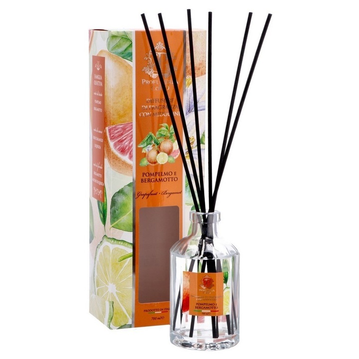 Parfum camera, Decorer, difuzor cu betisoare aroma grapefruit, bergamota, transparent, 700 ml