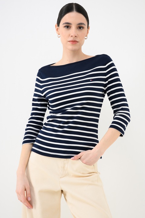 Tommy Hilfiger, Bluza slim fit de bumbac cu maneci trei sferturi, Alb optic/Albastru/Bleumarin