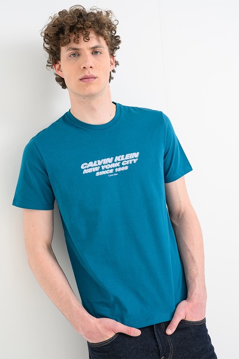 CALVIN KLEIN, Tricou cu decolteu la baza gatului si imprimeu, Albastru