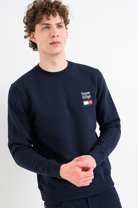 Tommy Hilfiger, Bluza de trening din amestec de bumbac si logo, Bleumarin