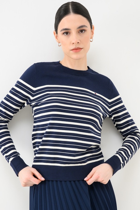 Tommy Hilfiger, Pulover tricotat fin cu logo discret, Alb/Bleumarin