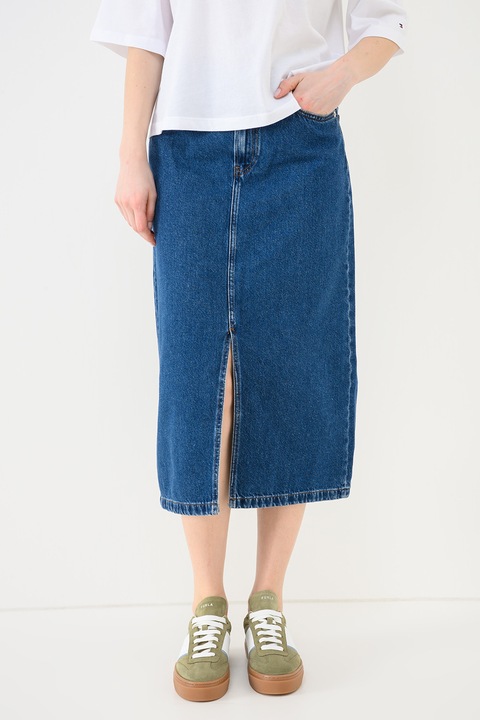 Tommy Hilfiger, Fusta dreapta de denim cu slit frontal, Albastru inchis